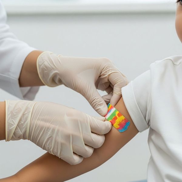 A pediatrician's hands gently apply a colorful bandage to a child's arm after an immunization, representing preventative care. A pediatrician's hands gently apply a colorful bandage to a child's arm after an immunization, representing preventative care.