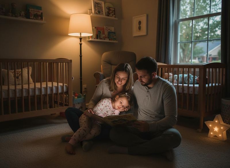 Family reading a bedtime story in a cozy nursery