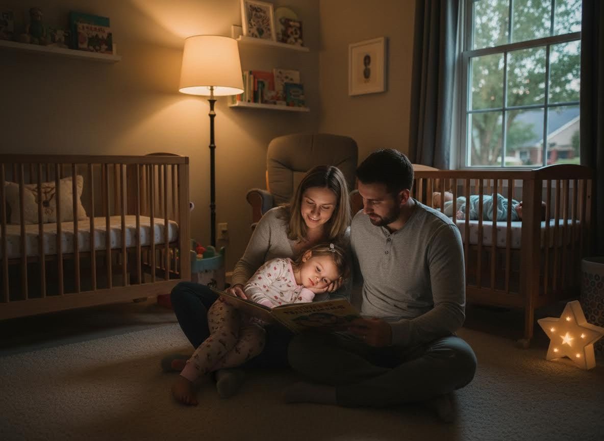 Family reading a bedtime story in a cozy nursery
