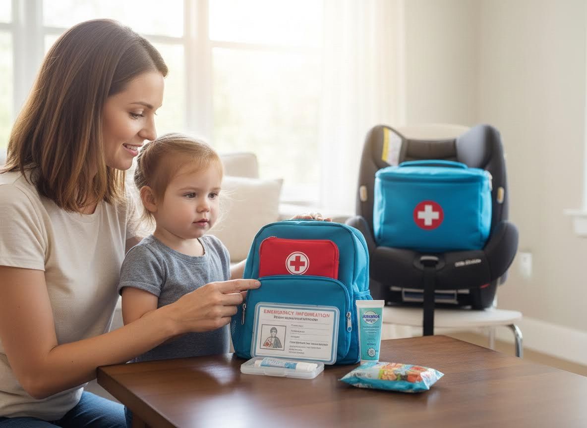 Mother and child preparing an emergency medical kit