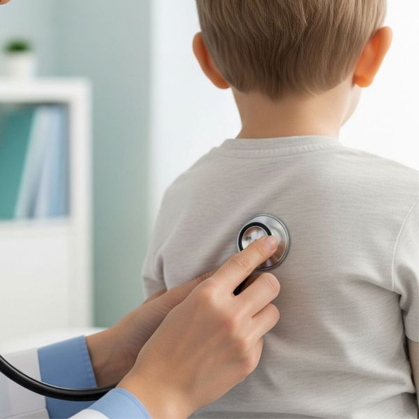 A pediatrician actively listens to a child's breathing with a stethoscope during a diagnostic medical exam.