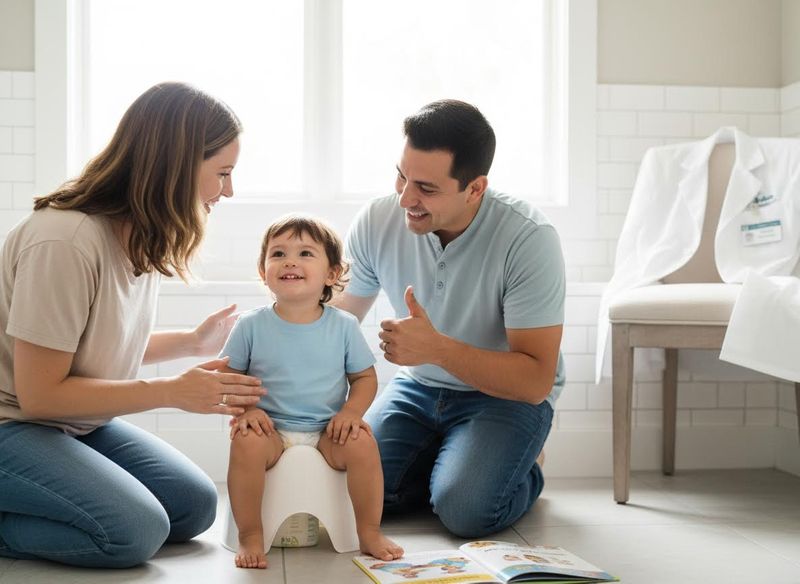Parents encourage smiling toddler during potty training