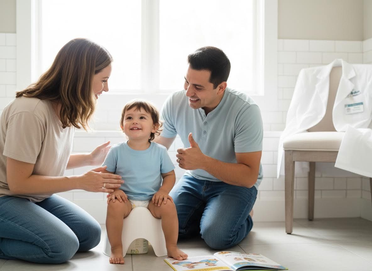 Parents encourage smiling toddler during potty training