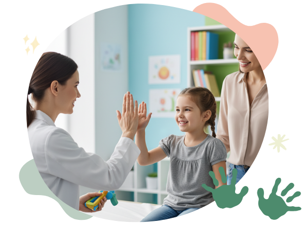 a pediatrician high-fives a girl as her mother smiles