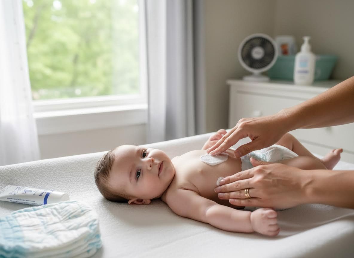 Parent applying cream to baby's skin on a changing table
