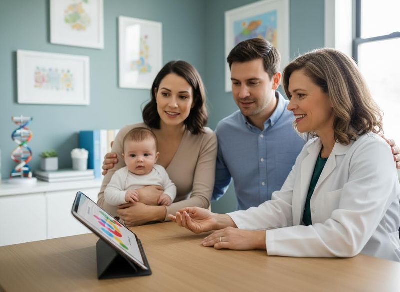 A doctor shows a tablet to a smiling couple holding their baby, discussing health data or results. Family consults with doctor about baby's health