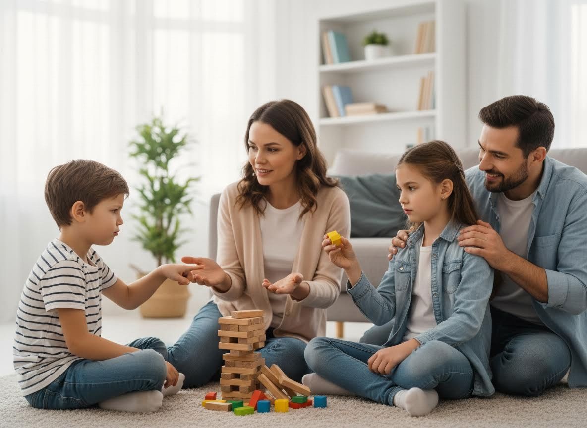 Family Playing Jenga on Living Room Floor