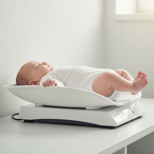 A baby is weighed on a modern pediatric scale during a routine growth and development check-up. A baby is weighed on a modern pediatric scale during a routine growth and development check-up.
