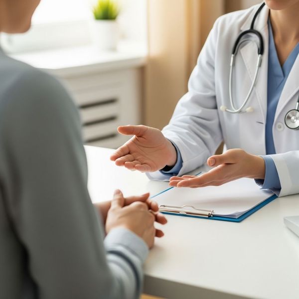 A pediatrician offers guidance and support to a parent during a consultation in a welcoming office setting.