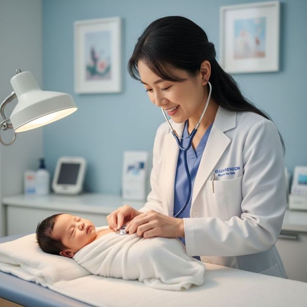 A smiling female pediatrician in a white lab coat using a stethoscope to gently examine a swaddled newborn baby on a medical table.