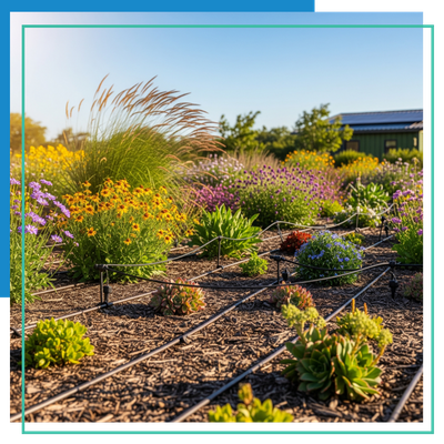 a vibrant, eco-conscious landscape with various native plants and a clearly visible drip irrigation system, showcasing a commitment to sustainability and water conservation. a vibrant, eco-conscious landscape with various native plants and a clearly visible drip irrigation system, showcasing a commitment to sustainability and water conservation.