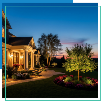 a home's exterior and garden at dusk, beautifully illuminated by warm, elegant landscape lighting that highlights architectural features and key plants. a home's exterior and garden at dusk, beautifully illuminated by warm, elegant landscape lighting that highlights architectural features and key plants.