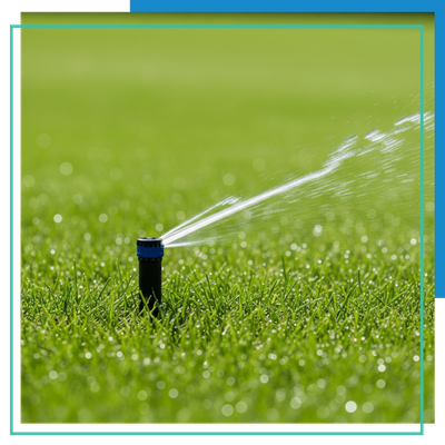 a sprinkler head actively watering a lush green lawn, with visible water droplets catching the sunlight, conveying a sense of efficiency and care. a sprinkler head actively watering a lush green lawn, with visible water droplets catching the sunlight, conveying a sense of efficiency and care.