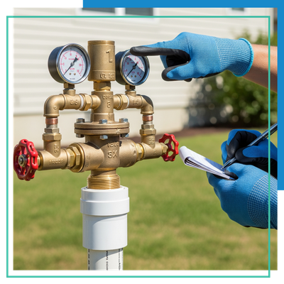 technicians in work gloves inspecting the gauges of a backflow prevention device on a residential property, emphasizing safety and expertise. technicians in work gloves inspecting the gauges of a backflow prevention device on a residential property, emphasizing safety and expertise.