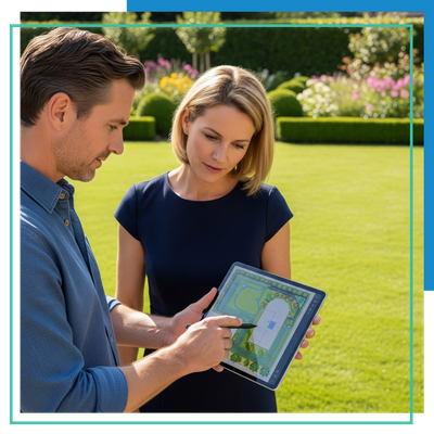 A landscape architect from Apex Irrigation & Landscape and a client reviewing a digital blueprint for a custom, water-efficient irrigation system on a tablet, with a well-maintained lawn A landscape architect from Apex Irrigation & Landscape and a client reviewing a digital blueprint for a custom, water-efficient irrigation system on a tablet, with a well-maintained lawn