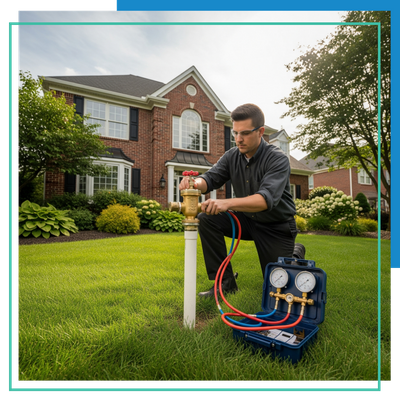 A certified technician from Apex Irrigation & Landscape performing an annual backflow preventer test with professional tools on a residential property, with a lush lawn and a brick house in the background. A certified technician from Apex Irrigation & Landscape performing an annual backflow preventer test with professional tools on a residential property, with a lush lawn and a brick house in the background.