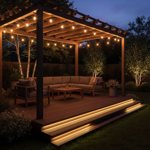 backyard deck with a pergola and landscape hanging lights