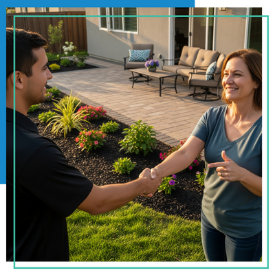 A friendly team member from Apex Irrigation & Landscape shaking hands with a satisfied customer in their newly completed backyard, featuring a new patio, fresh plants, and decorative mulch. A friendly team member from Apex Irrigation & Landscape shaking hands with a satisfied customer in their newly completed backyard, featuring a new patio, fresh plants, and decorative mulch.