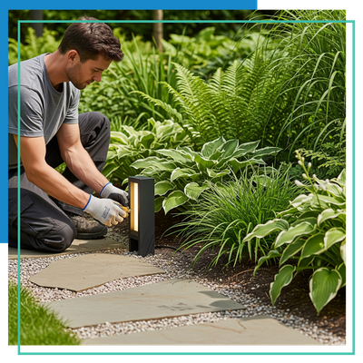 An Apex Irrigation & Landscape technician installing a modern landscape lighting fixture in a garden An Apex Irrigation & Landscape technician installing a modern landscape lighting fixture in a garden