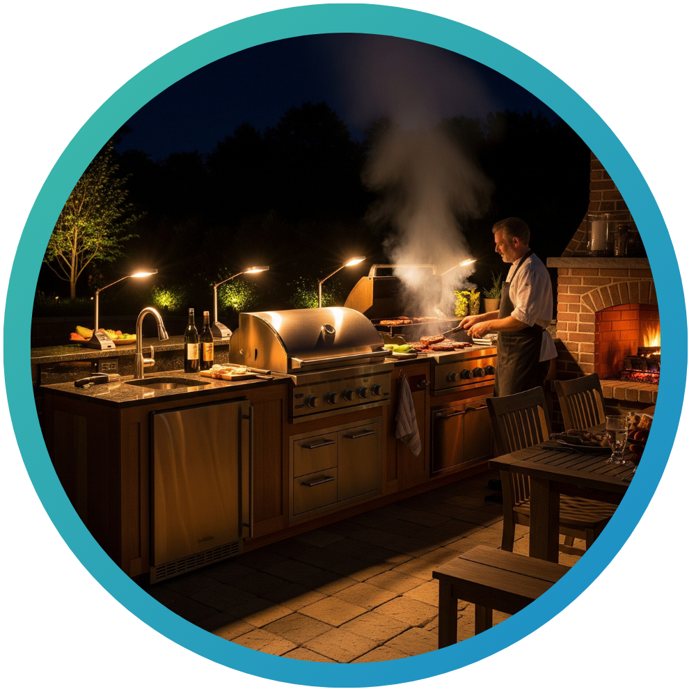 outdoor kitchen with lights 