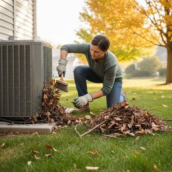 woman clearing leaves and trees away from HVAC unit woman clearing leaves and trees away from HVAC unit