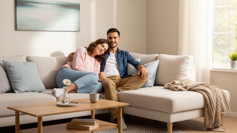  smiling couple relaxing on a comfortable sofa