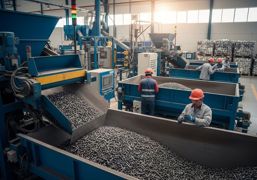 In a brightly lit factory, workers in safety gear monitor a metal parts production line, with machinery processing and sorting metal components into large bins. Metal Parts Manufacturing
