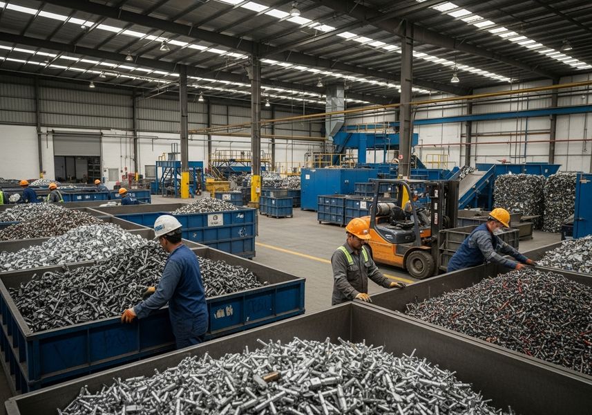 Workers Sorting Metal Components in Recycling Plant