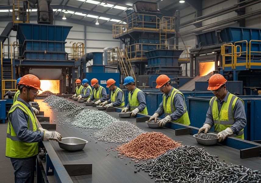 Workers Sort Metal on Conveyor Belt in Recycling Plant