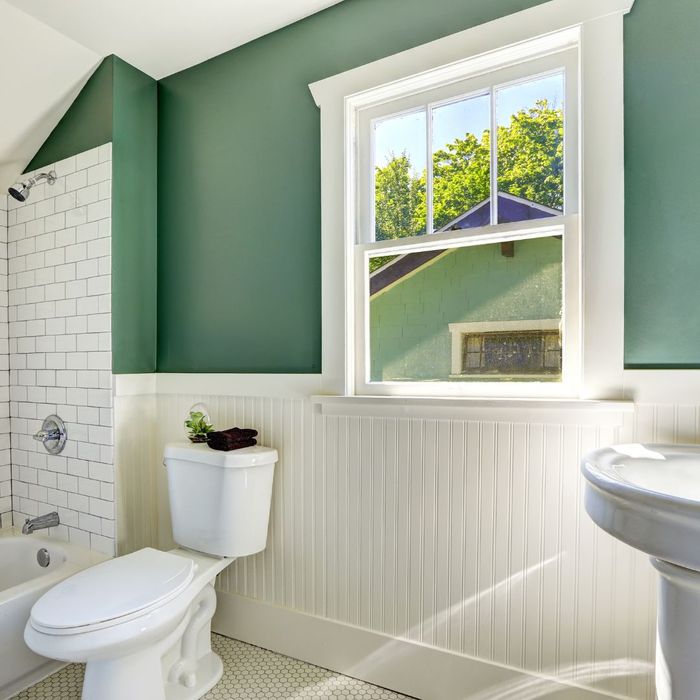 a green painted bathroom