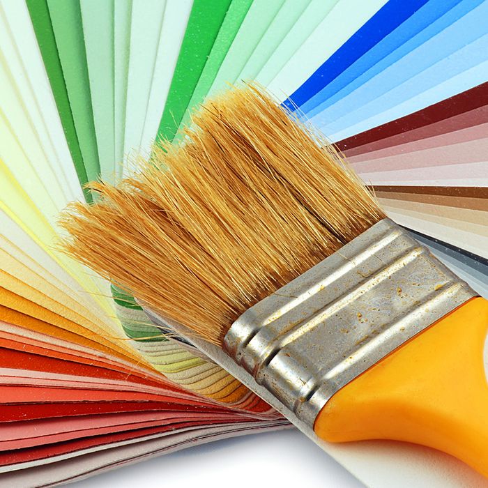 brush, multicolored paint swatches