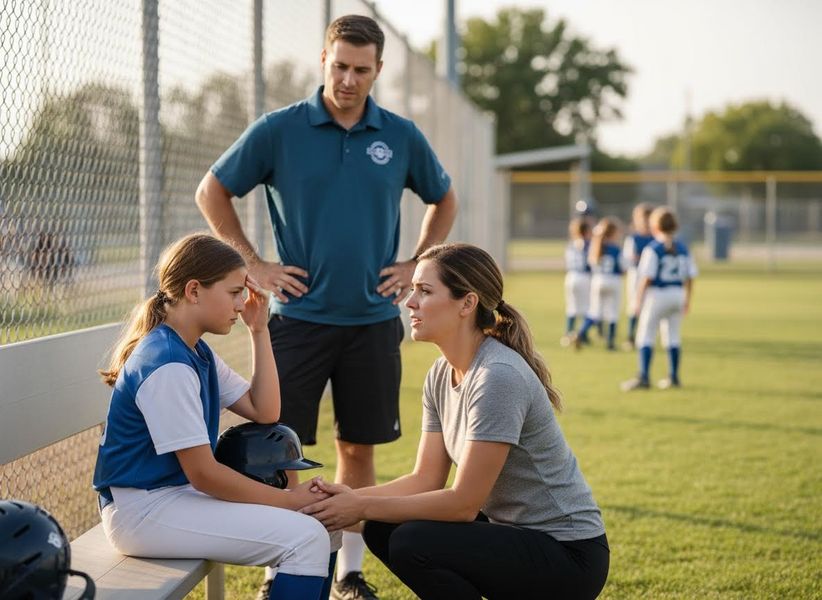 Coach comforting upset young baseball player on the field