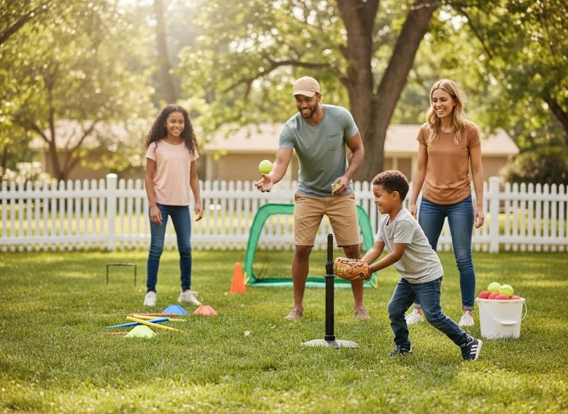 A smiling, diverse family plays T-ball in their sunny backyard. Dad pitches to his son in a baseball mitt as mom and daughter watch. Family Playing T-Ball in Backyard