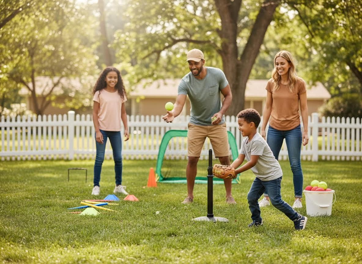 Family Playing T-Ball in Backyard