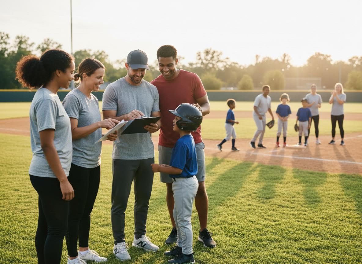Youth baseball coaches and player discussing strategy