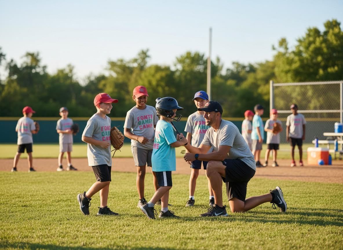 Baseball coach instructing young players at camp