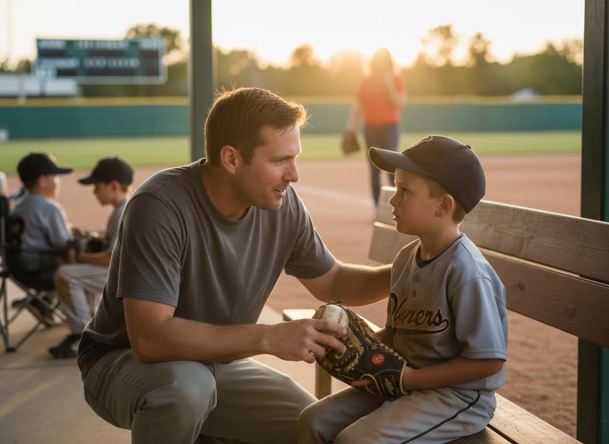 Coach talking to a young baseball player in a dugout.