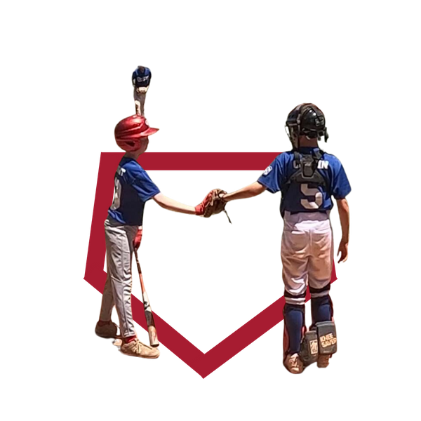 An overlay of two little league players high fiving, overlayed on a graphic of home plate