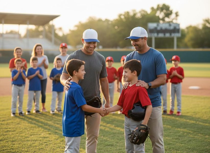 Youth baseball players shaking hands with their coaches