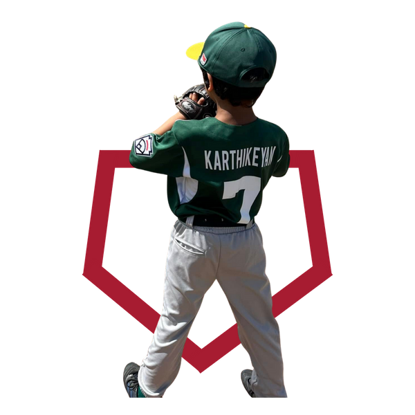 A child catching a ball behind the base, overlayed on a graphic of home plate