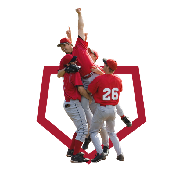 Teenager baseball players celebrating, overlayed with a graphic of home plate