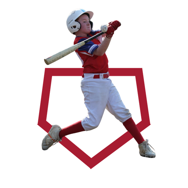 Little league player batting, overlayed with a graphic of home plate