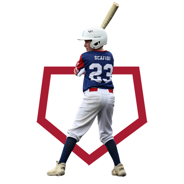 A little league player getting ready to bat, overlayed on a graphic of home plate