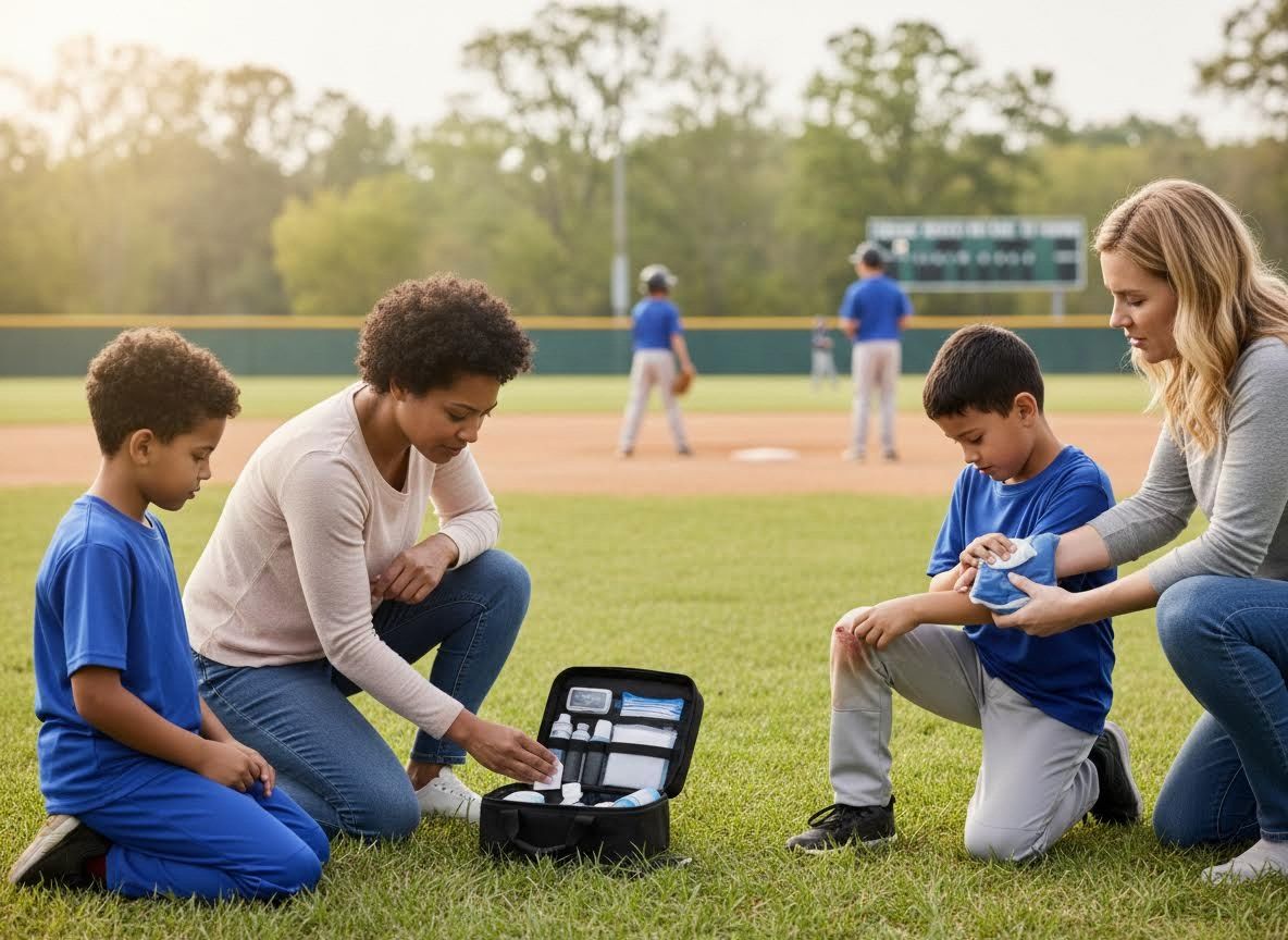 First aid for minor injuries at youth baseball game