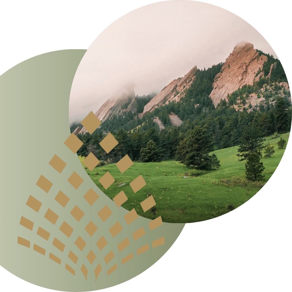 Scenic view of mountains and a green landscape with abstract shapes, representing a calming or natural environment for anxiety therapy.