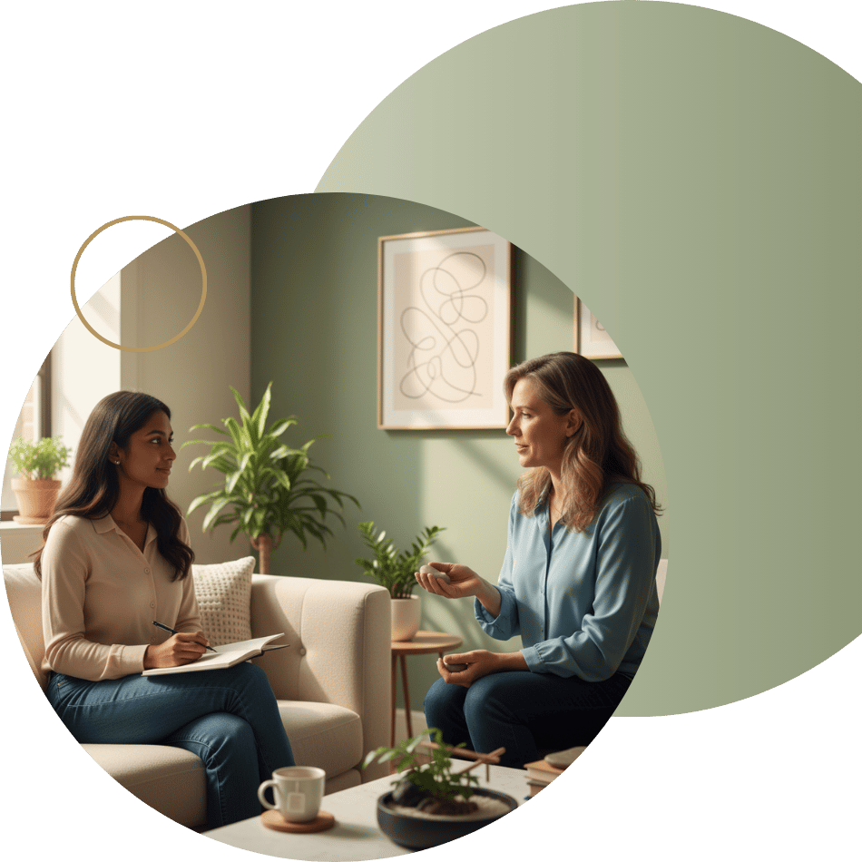 Two women sitting on a couch in a comfortable room, engaged in conversation, representing a therapy session or supportive discussion for anxiety.