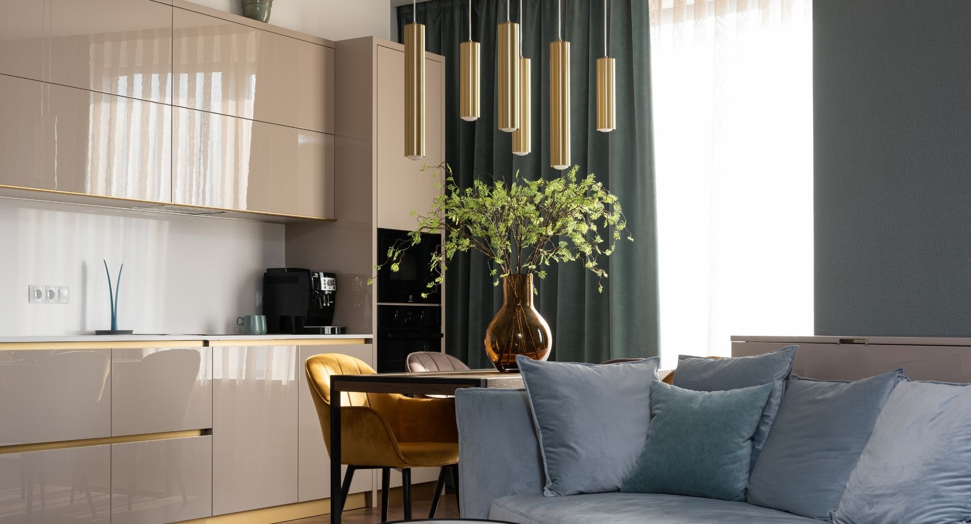 modern apartment with high gloss cabinets and pendant lights modern apartment with high gloss cabinets and pendant lights