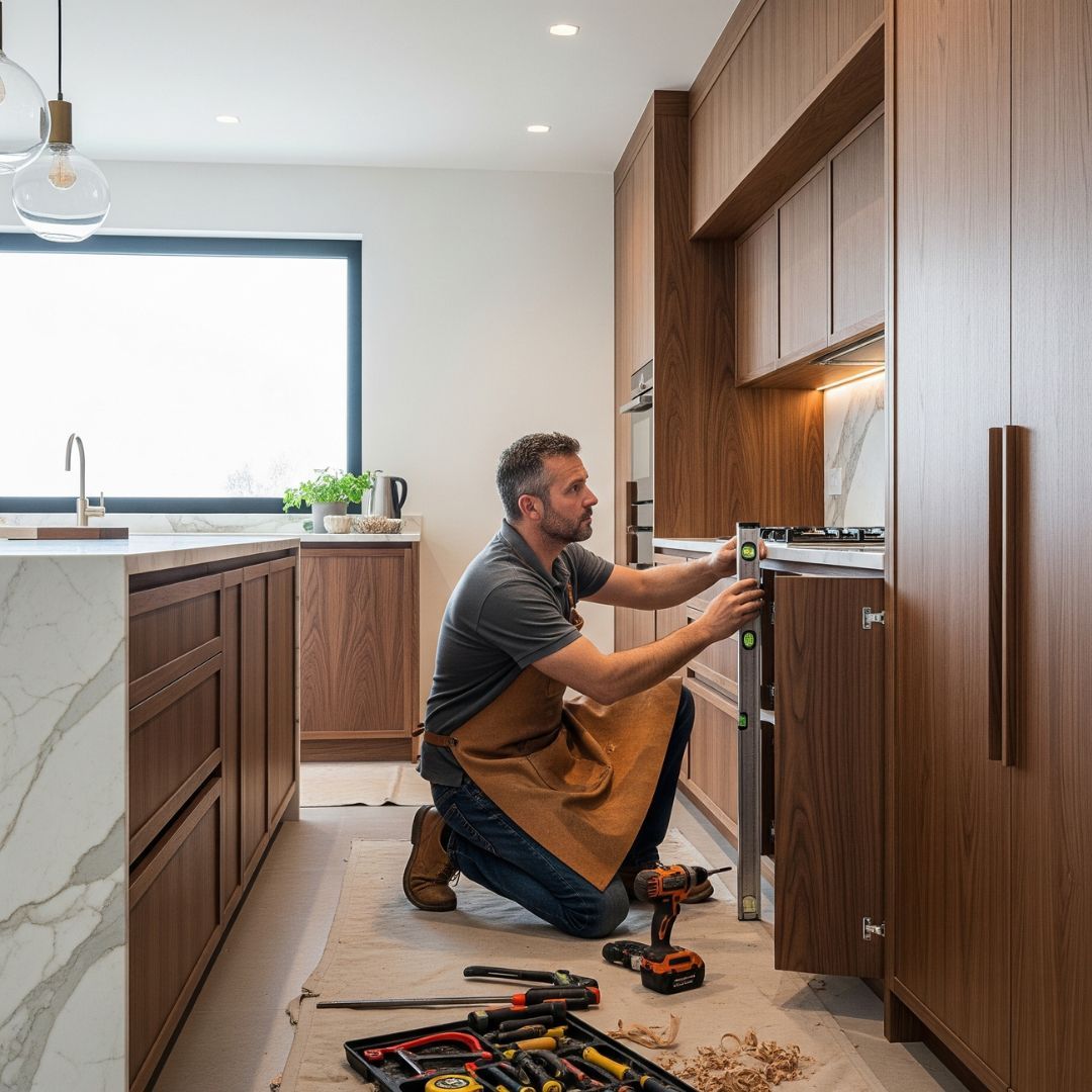 A craftsman installing detailed custom millwork in a luxury home's interior.