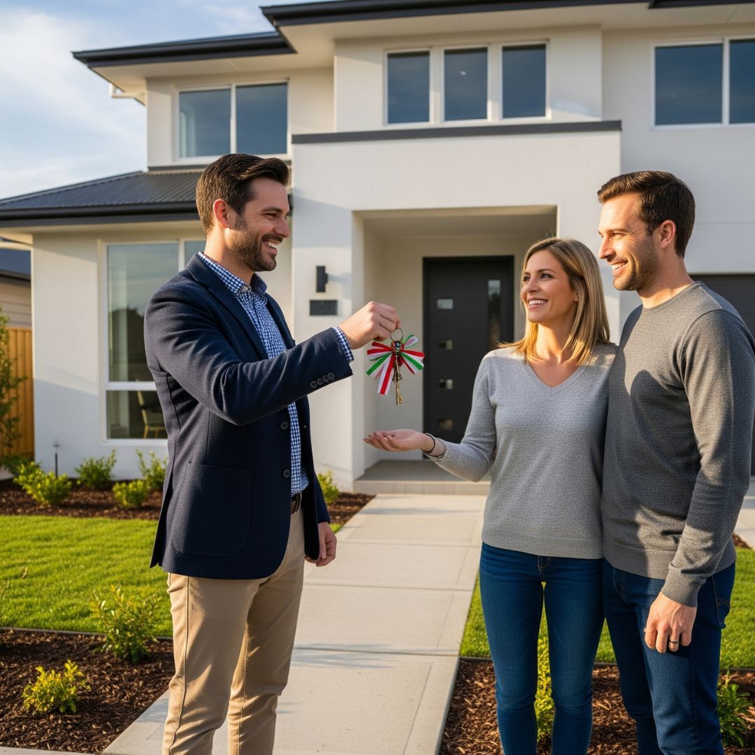 A happy couple receiving the keys to their new luxury home from 