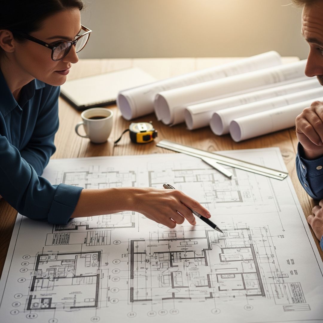 Architectural blueprints being reviewed by a custom home builder and a client.